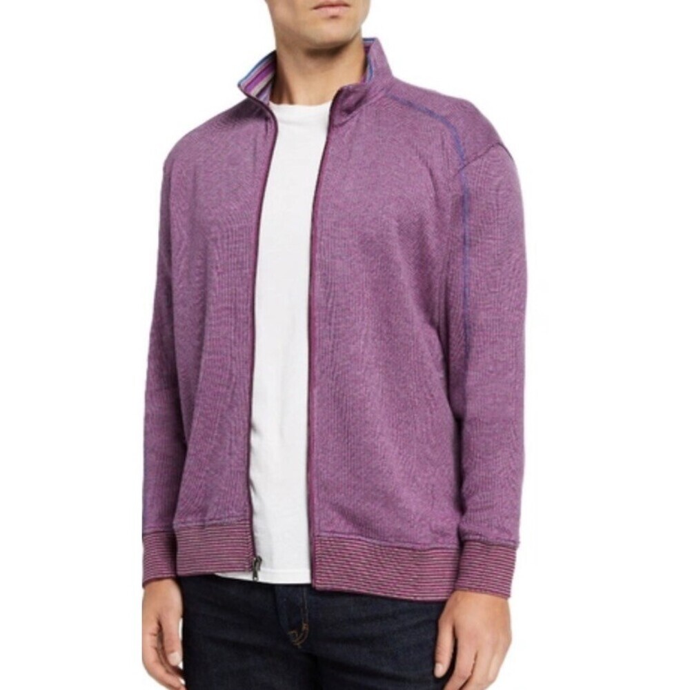 Robert Graham Purple Cardigan Osborne Classic Full Zip Knit Cotton Sweater Large